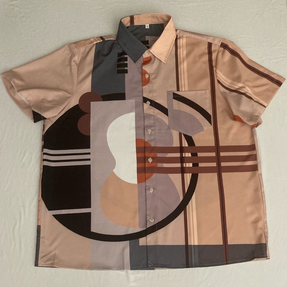 Men’s Boutique Beige Multi Color Art Print Short Sleeve Button Down Shirt